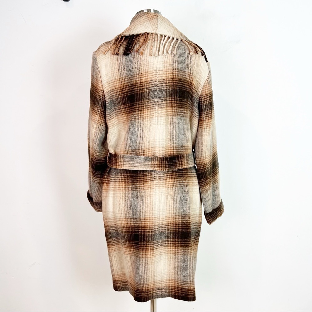 ELIE TAHARI BROWN TAN PLAID FRINGE
EDGE OPEN FRONT COAT WITH BELT LARGE - Picture 4 of 8